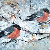 Картины и панно handmade. Livemaster - original item Painting of Bullfinches on branches Winter landscape with birds. Handmade.