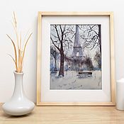 Картины и панно handmade. Livemaster - original item Watercolor painting Winter Paris (gray-blue city landscape). Handmade.