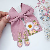 Украшения handmade. Livemaster - original item Bow and 2 Hairpins (pink linen) - embroidery flowers. Handmade.