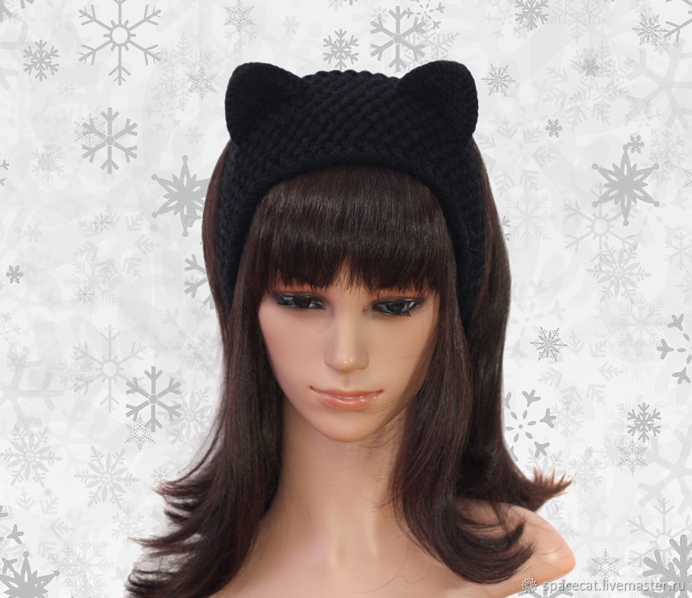 Headband with Cat ears knitted hair Black, Bandage, Orenburg,  Фото №1