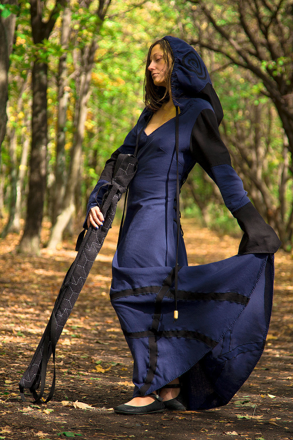 Elven Dress Long Fantasy Linen Dark Blue Hooded Elvish Dress – Shop