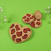 Украшения handmade. Livemaster - original item Leopard Heart Brooch and Leopard Earrings Beige Embroidery. Handmade.