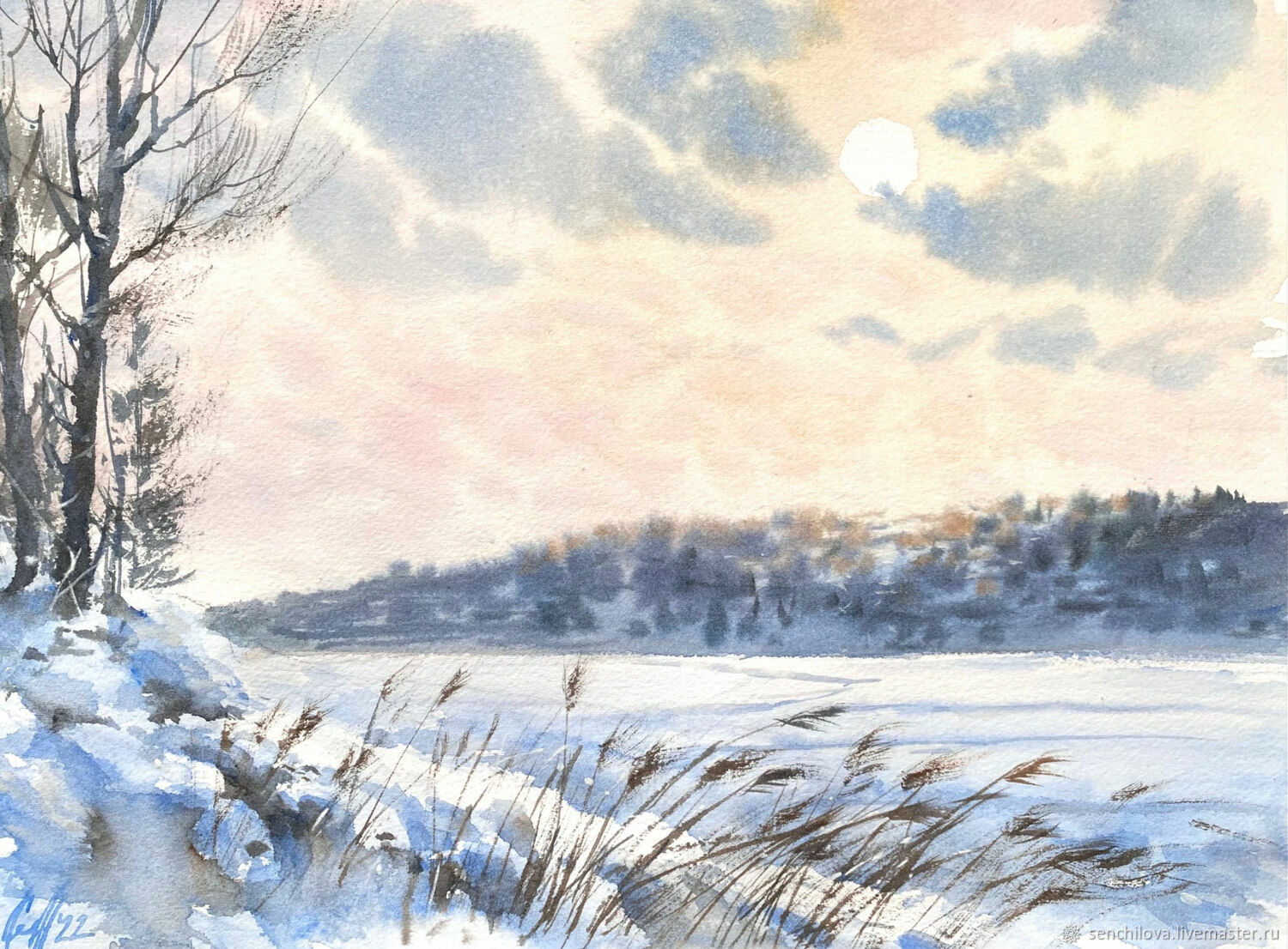 Зимний пейзаж акварелью пошагово