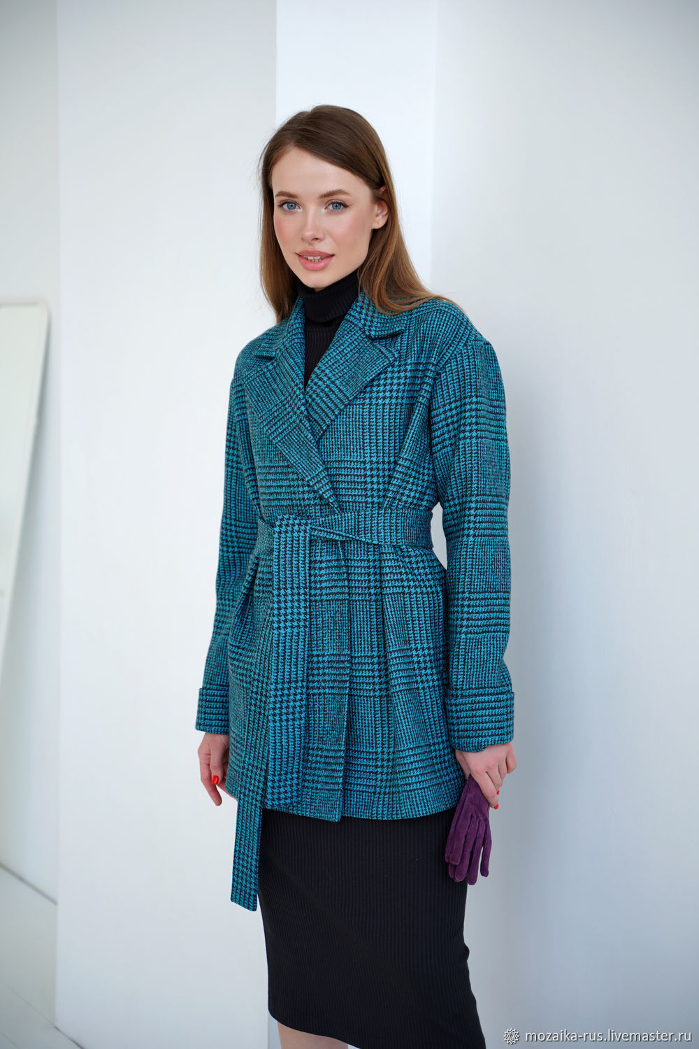 Oversize Woolen Blue Plaid Coat, Blue Short demi Coat, Coats, Novosibirsk,  Фото №1