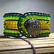 Stone beaded bracelet. 7 row leather cuff bracelet. Green bracelet, Braided bracelet, Permian,  Фото №1