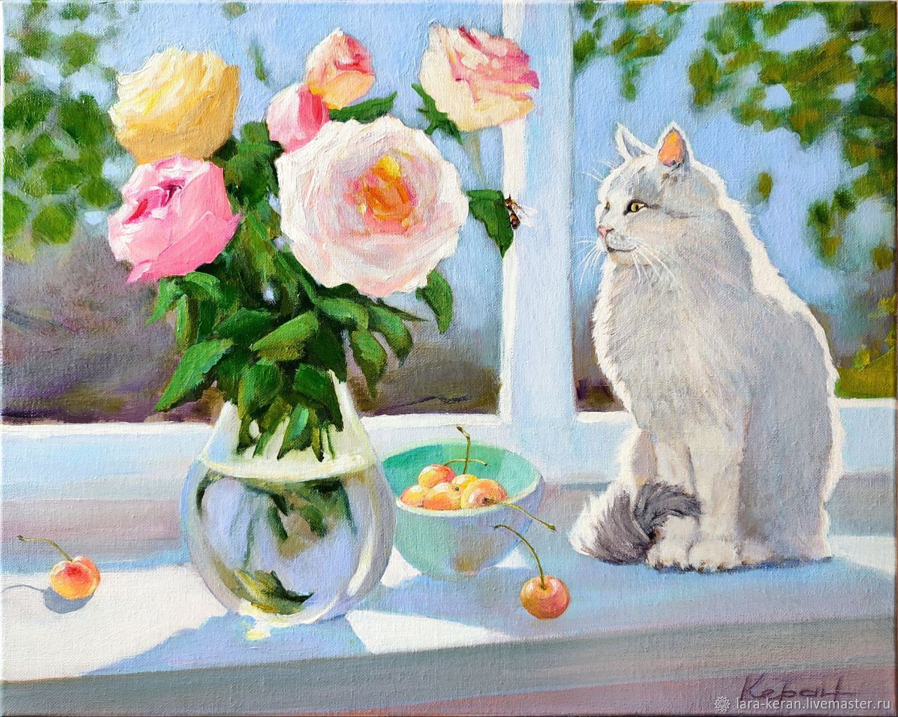 Картина с розами:"Лето на окошке", картина кот на окне, Картины, Москва,  Фото №1
