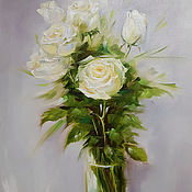 Одежда ручной работы. Ярмарка Мастеров - ручная работа Oil painting flowers Bouquet of white roses in a vase. Handmade.