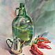 Painting watercolor. Still life. Bottle, teapot and peppers, Pictures, Moscow,  Фото №1
