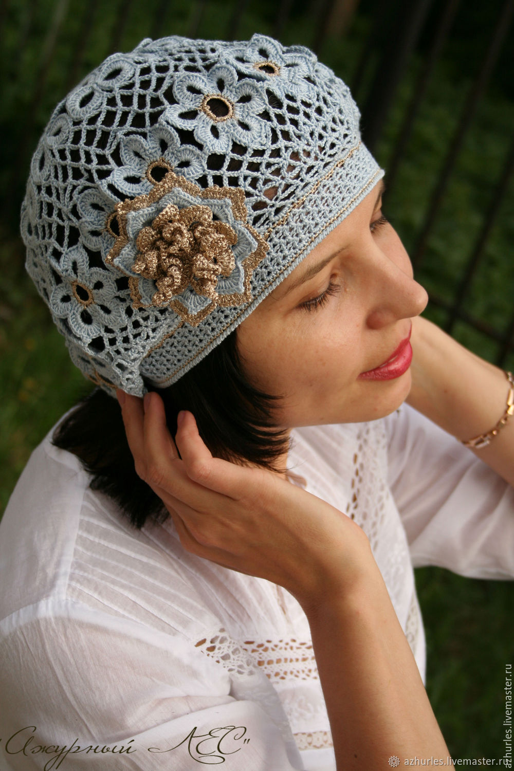 Summer women's openwork beret crochet lace beret with a flower blue, Berets, Ekaterinburg,  Фото №1