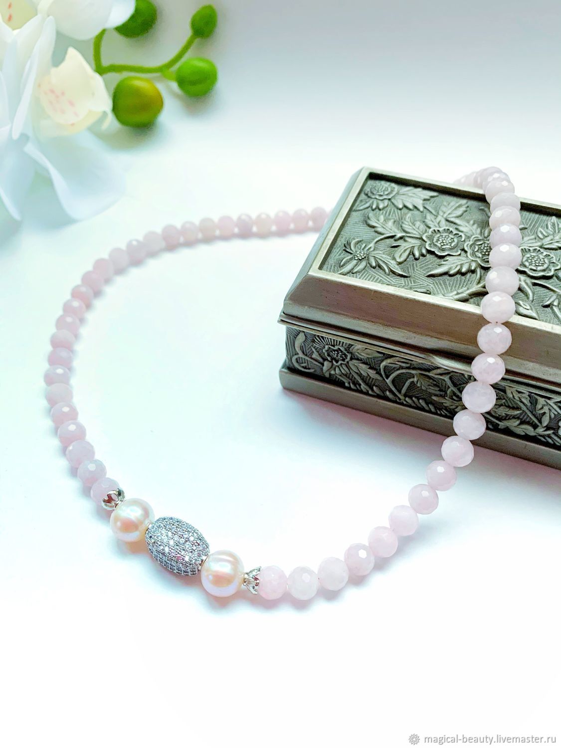 Rose Quartz choker necklace with pearls, Necklace, Moscow,  Фото №1