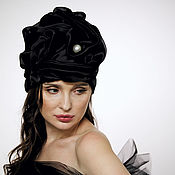 Turban hat hijab of black textured silk with chains