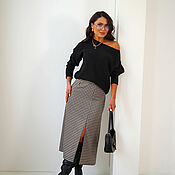 Одежда handmade. Livemaster - original item Viscose midi skirt with slit, beige black skirt. Handmade.