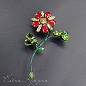 Украшения handmade. Livemaster - original item Flower brooch made of beads and crystals. Red and green.. Handmade.
