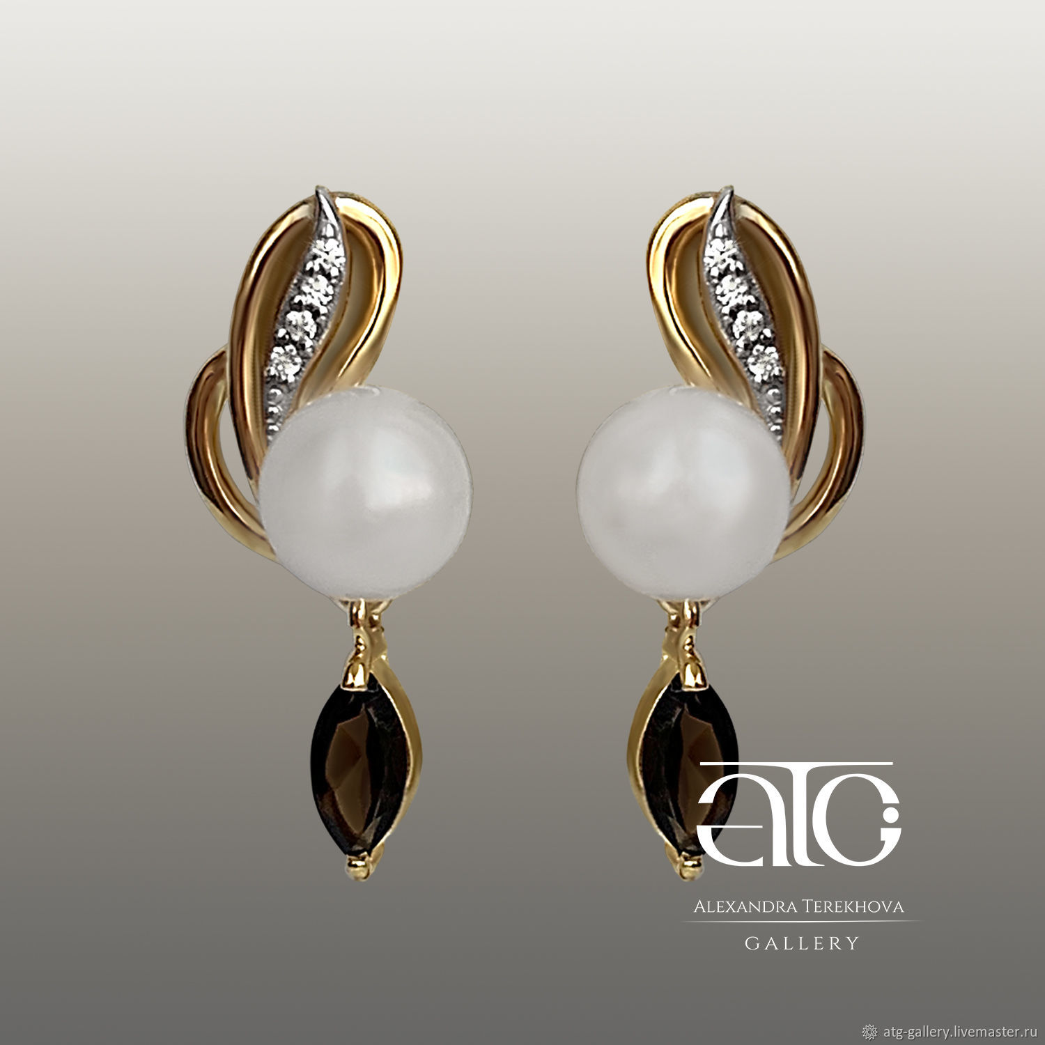 earrings: Gold earrings with sea pearls and rauchtopazes. Five hundred eighty five, Earrings, Moscow,  Фото №1