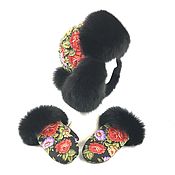 Аксессуары handmade. Livemaster - original item Sets of accessories: a hat with earflaps and mittens with black Fox fur. Handmade.