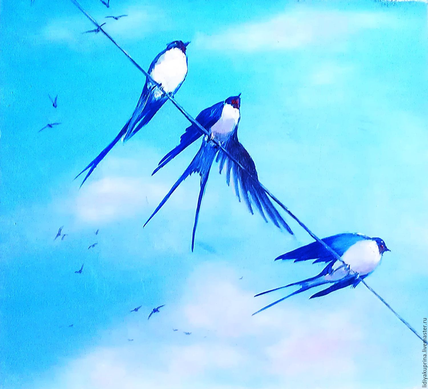 Две синие птицы. Ласточка. Весенние птицы. Ласточки в небе живопись. Ласточки на фоне неба.