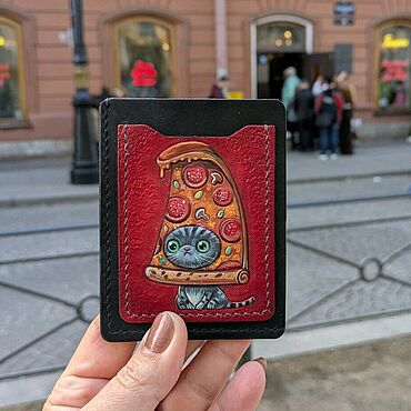 Сумки ручной работы. Ярмарка Мастеров - ручная работа Картхолдер из кожи "Котик с пиццей". Handmade.