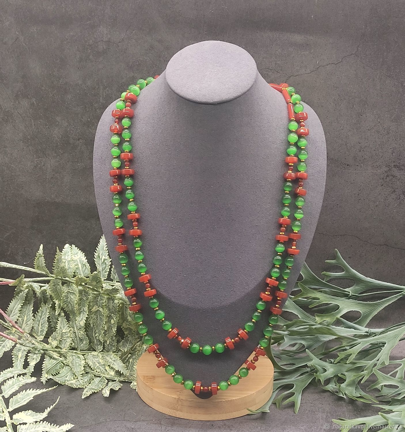 Long beads green cat's eye-ulexite and carnelian, Beads2, Moscow,  Фото №1
