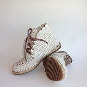 Обувь ручной работы handmade. Livemaster - original item Knitted boots with lacing, white cotton. Handmade.