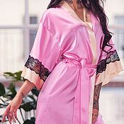Одежда handmade. Livemaster - original item Home robe silk 100% pink with lace Gift to your wife. Handmade.