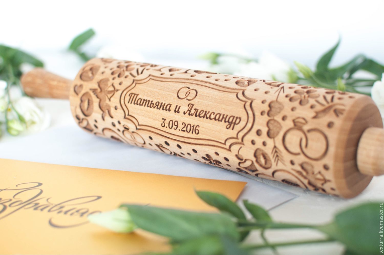 WEDDING Embossing rolling pin, laser engraved rolling pin/ Texturra