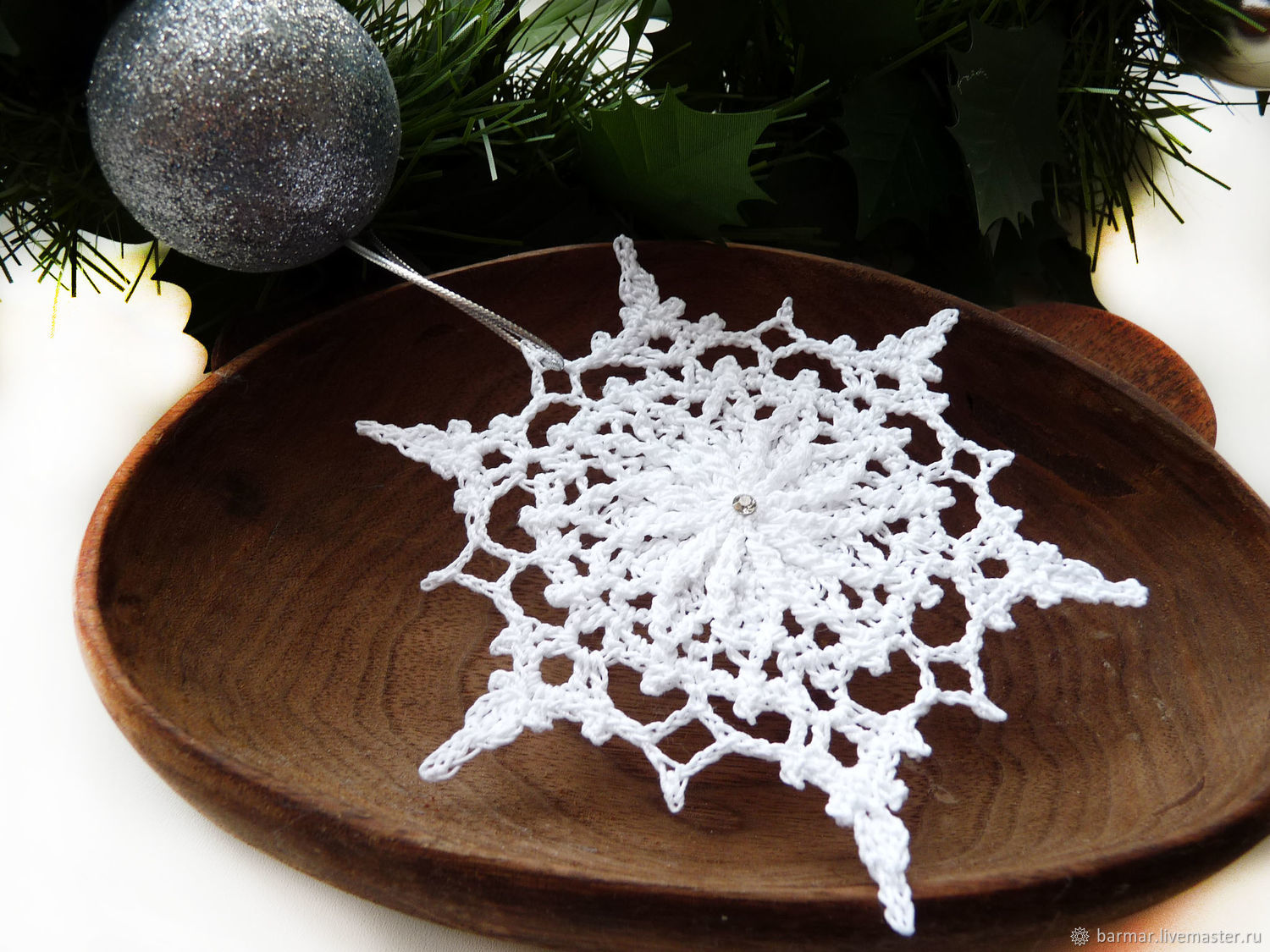 Snowflake 12 cm voluminous white knitted (1B), Interior elements, Moscow,  Фото №1