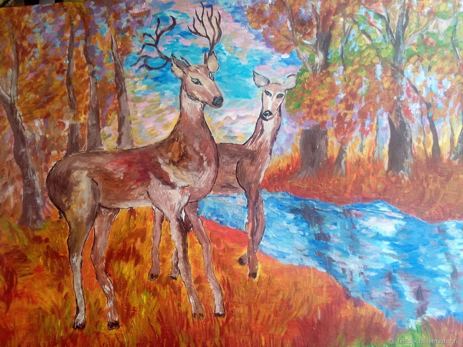 Картина олени в осеннем лесу