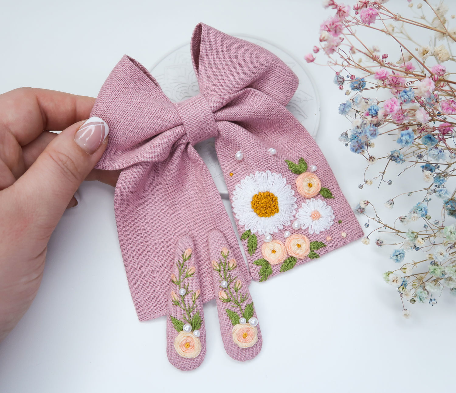 Bow and 2 Hairpins (pink linen) - embroidery flowers, Hairpins, Fryazino,  Фото №1