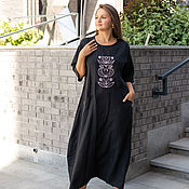 Одежда handmade. Livemaster - original item Linen floor-length black dress with embroidery. Handmade.