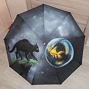 Аксессуары handmade. Livemaster - original item The umbrella women`s black foldable stylish print cat and fish. Handmade.
