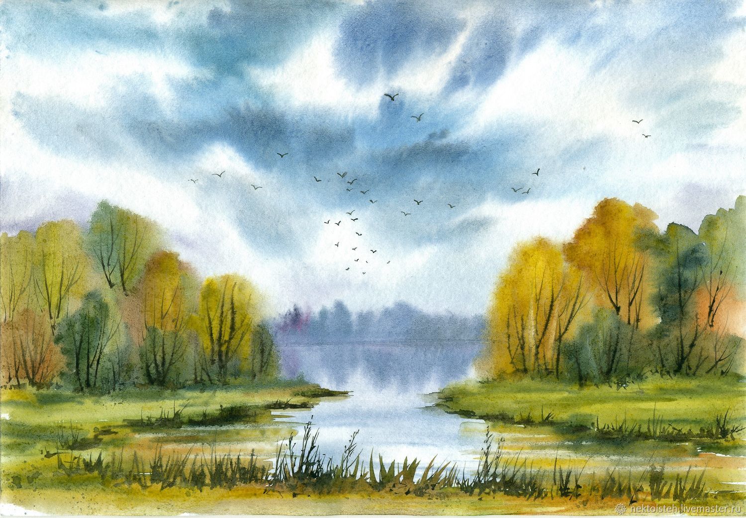 Watercolor painting "Birds gather in flocks." 21 by 29.7cm, Pictures, Penza,  Фото №1