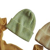 Аксессуары handmade. Livemaster - original item Caps: Mohair hat with a lapel yellow-green knitted hat for women. Handmade.