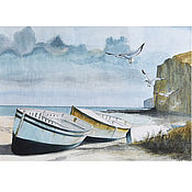 Картина маслом морской пейзаж "У берегов Греции" море яхта