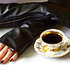 Leather fingerless gloves with rhinestone 'Coffee story' Black mitts, Mitts, Dusseldorf,  Фото №1