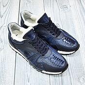 Обувь ручной работы handmade. Livemaster - original item Sneakers made of ostrich calf leather, in blue, with fur.. Handmade.