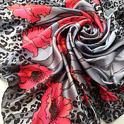 Аксессуары handmade. Livemaster - original item Silk Batik Shawl Scarlet poppies and Leopard. 100% silk painting. Handmade.