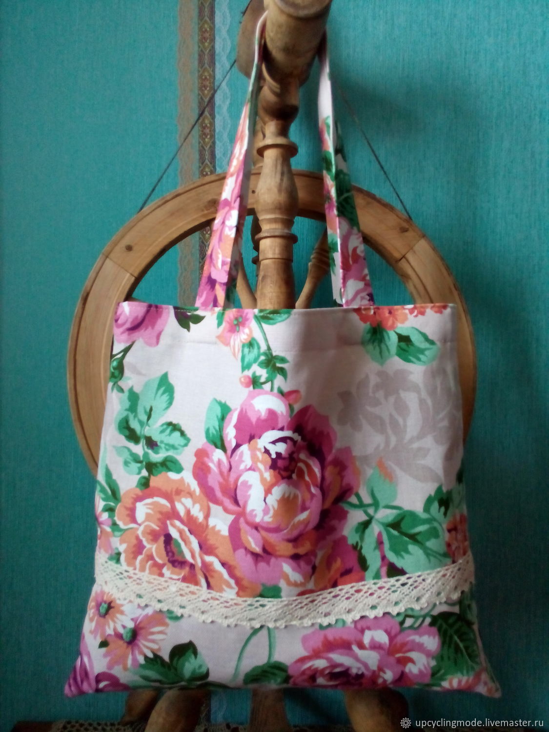 Хлопковая сумка-авоська с кружевом "Розовые розы... ооо!"