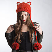 Аксессуары handmade. Livemaster - original item Red hat with fox ears, strings with pompoms, cat ears. Handmade.