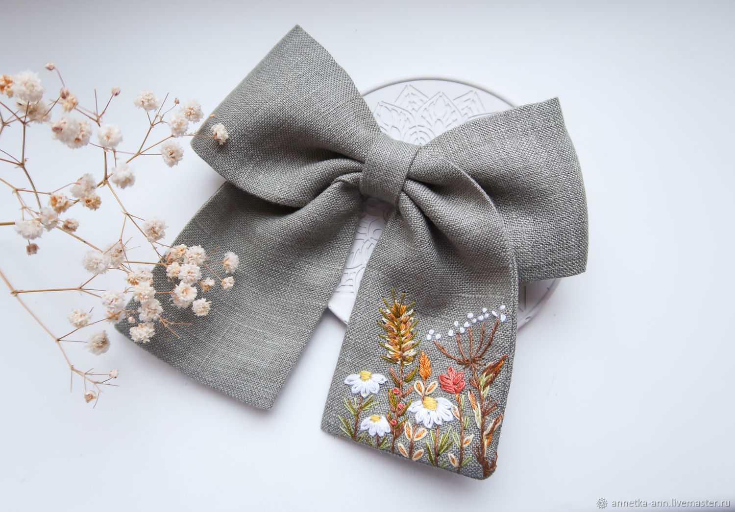 Bow - linen, embroidery Wildflowers, Hairpins, Fryazino,  Фото №1