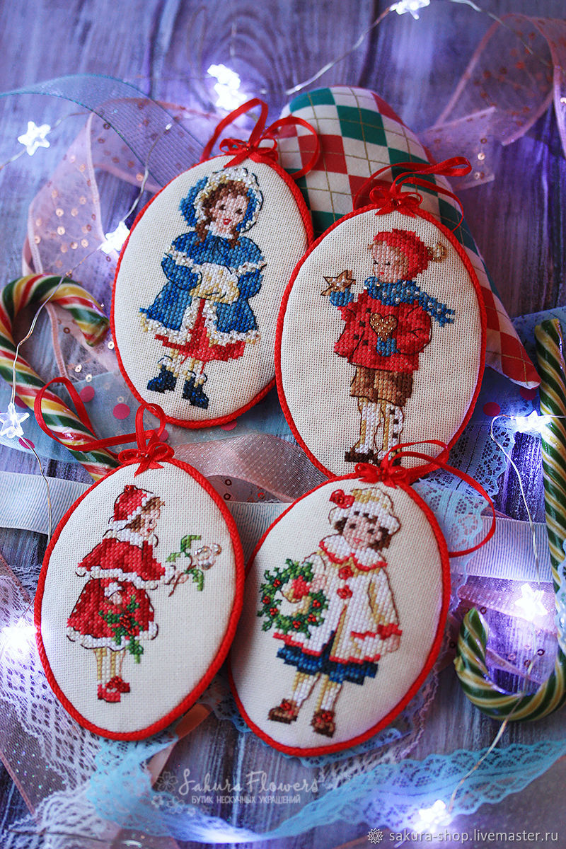 Interior accessories with hand embroidery. Christmas tree decoration. Cross stitch. Embroidery, handmade, needlework, crossstitch. 
