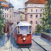 Картины и панно handmade. Livemaster - original item Urban landscape with tram (terracotta beige grey pastel painting). Handmade.
