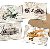 Открытки handmade. Livemaster - original item Retro transport cards Car airplane locomotive Set 4 pieces. Handmade.