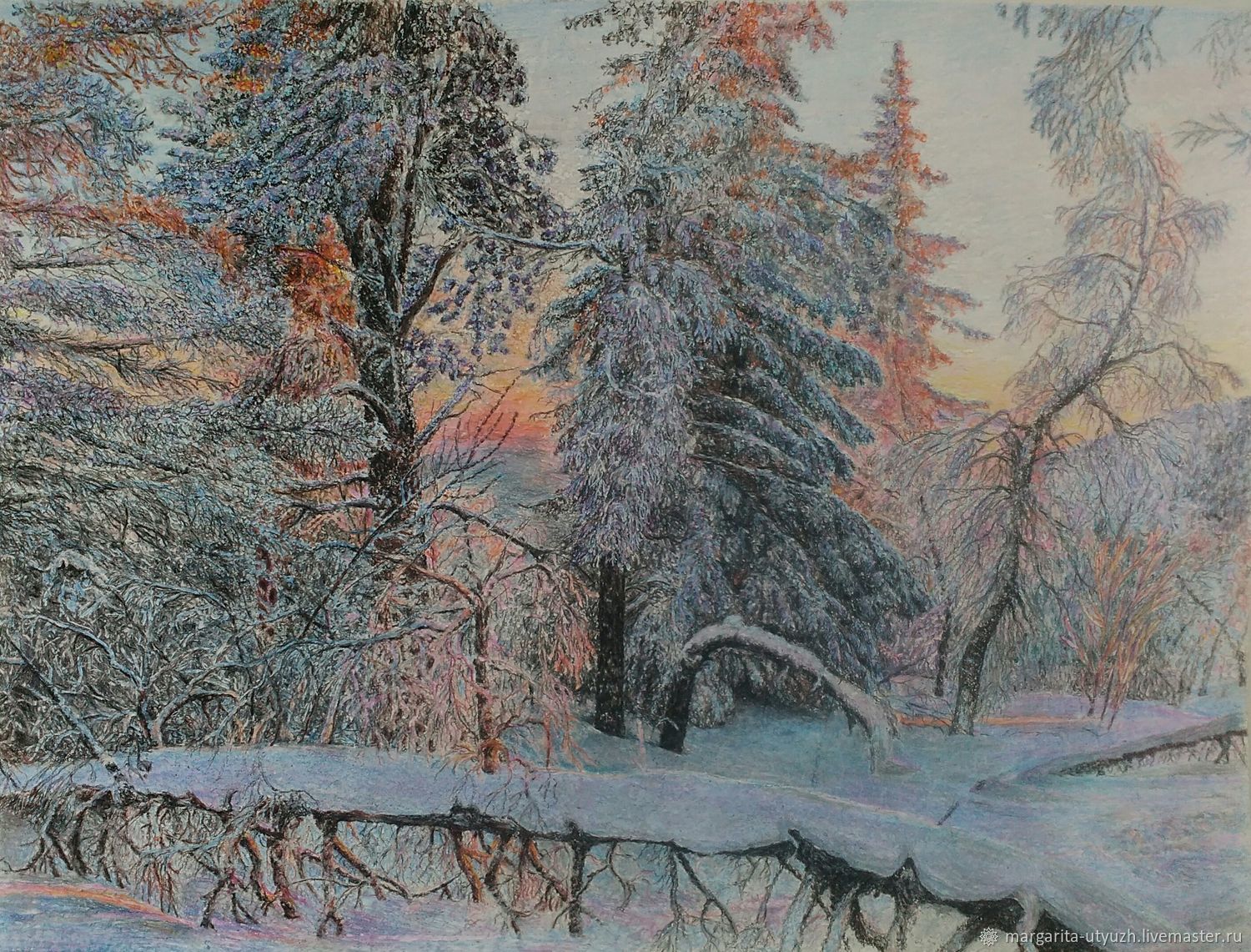 Зимний лес цветными карандашами