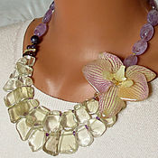 Necklace beads hawk's eye, citrine, labradorite, gold plated