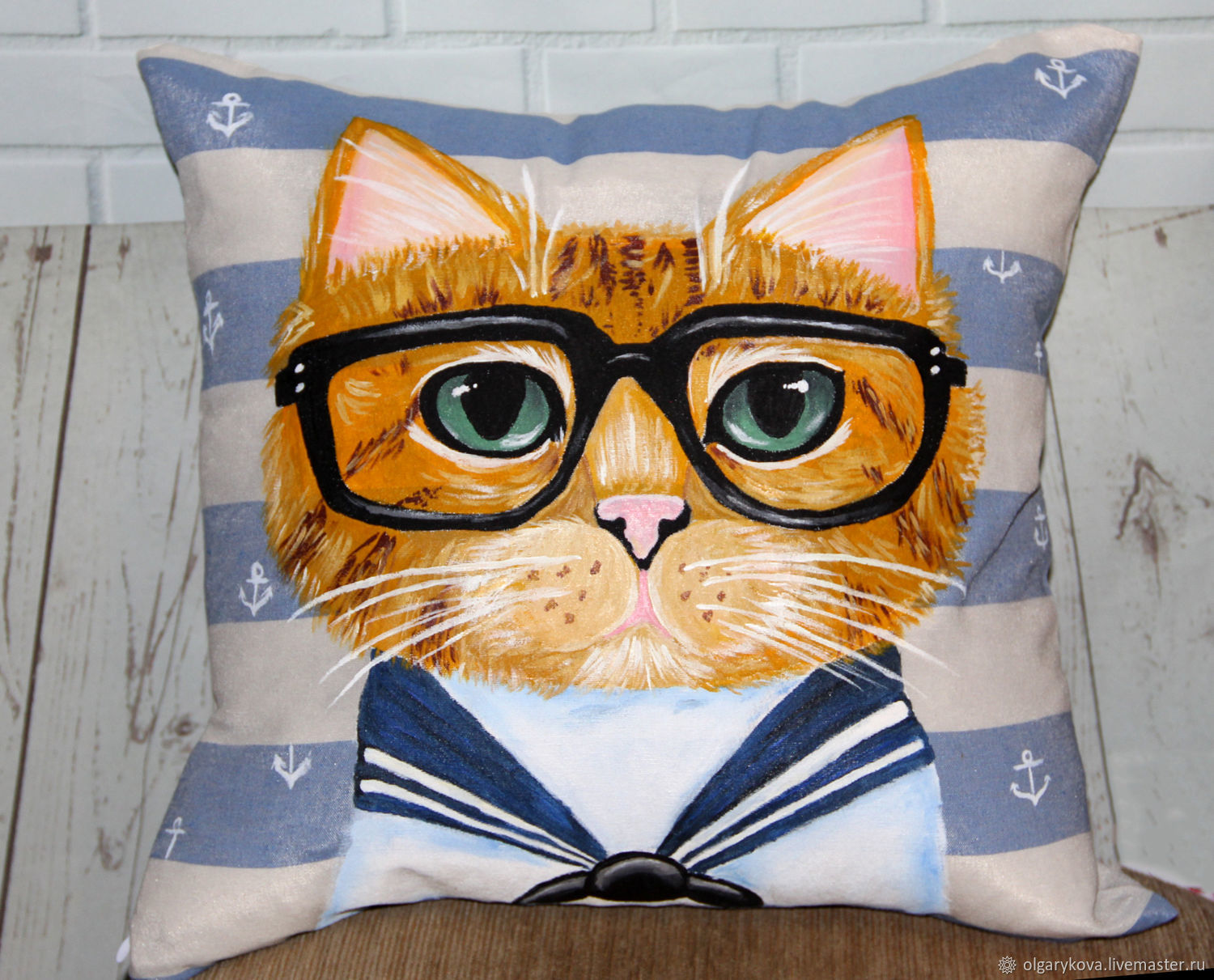Decorative pillow pattern cat sailor hand painted, Pillow, St. Petersburg,  Фото №1