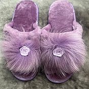 Обувь ручной работы handmade. Livemaster - original item Purple sheepskin slippers with arctic fox. Handmade.