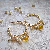 Украшения handmade. Livemaster - original item Hoop earrings: Golden Dreams earrings with pearls and amber. Handmade.