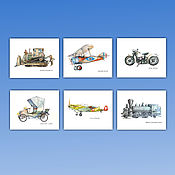 Картины и панно handmade. Livemaster - original item Bulldozer Airplane Train Motorcycle Set of 6 posters for boy. Handmade.