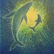 Картины и панно handmade. Livemaster - original item Oil pastel painting of dolphins in the sea 