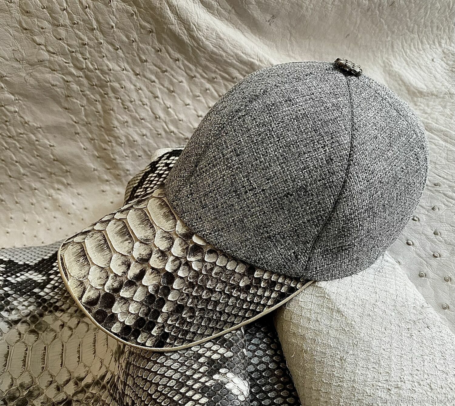 Baseball cap made of genuine python leather and gray tweed, Baseball caps, St. Petersburg,  Фото №1